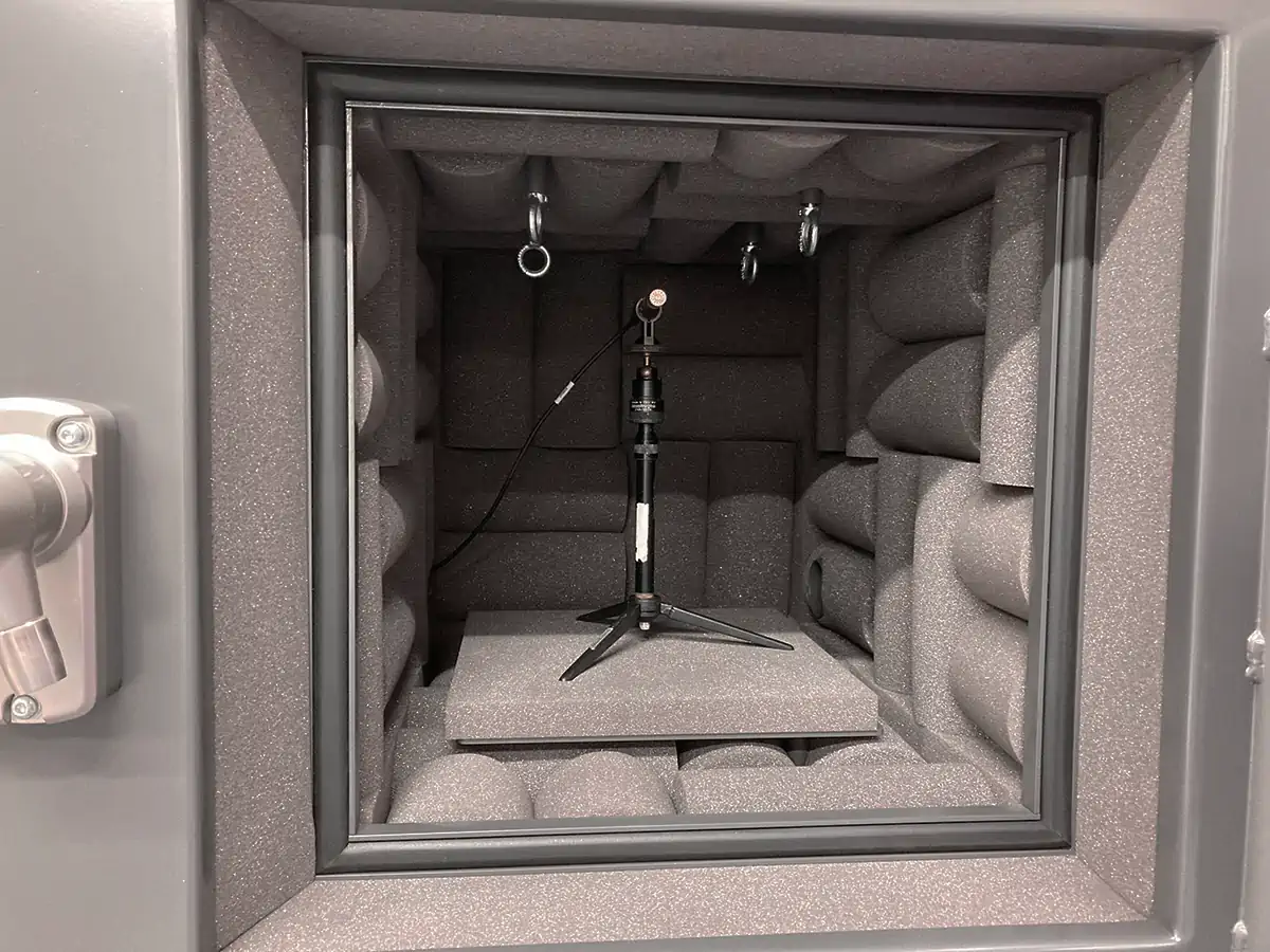 Anechoic Test Box showing microphone and hooks inside